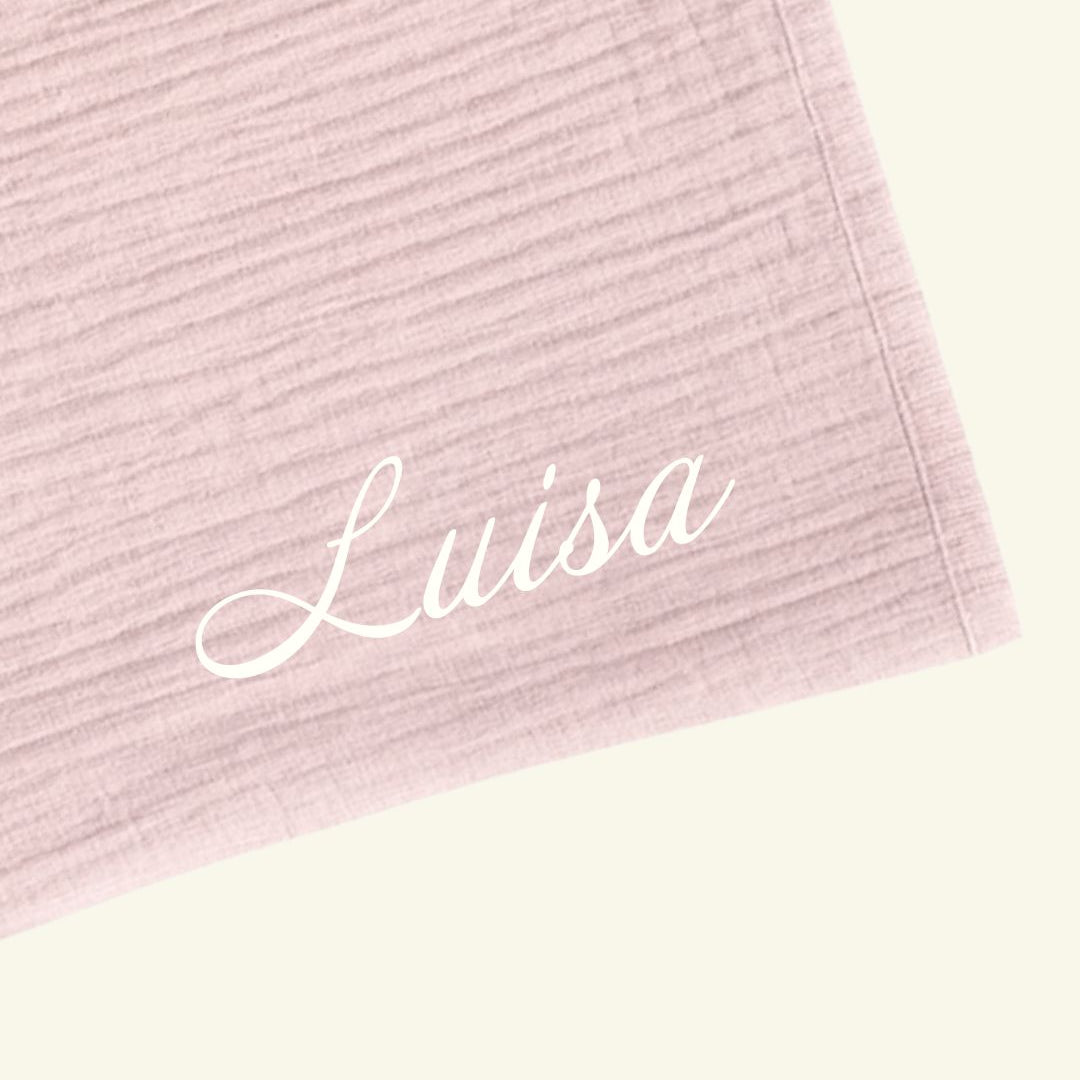 Personalize Babyluv Studio muslin baby blanket, nimeline musliinist beebitekk, pesonaliseeritud musliintekk, tikitud nimega beebitekk, fairydust-white
