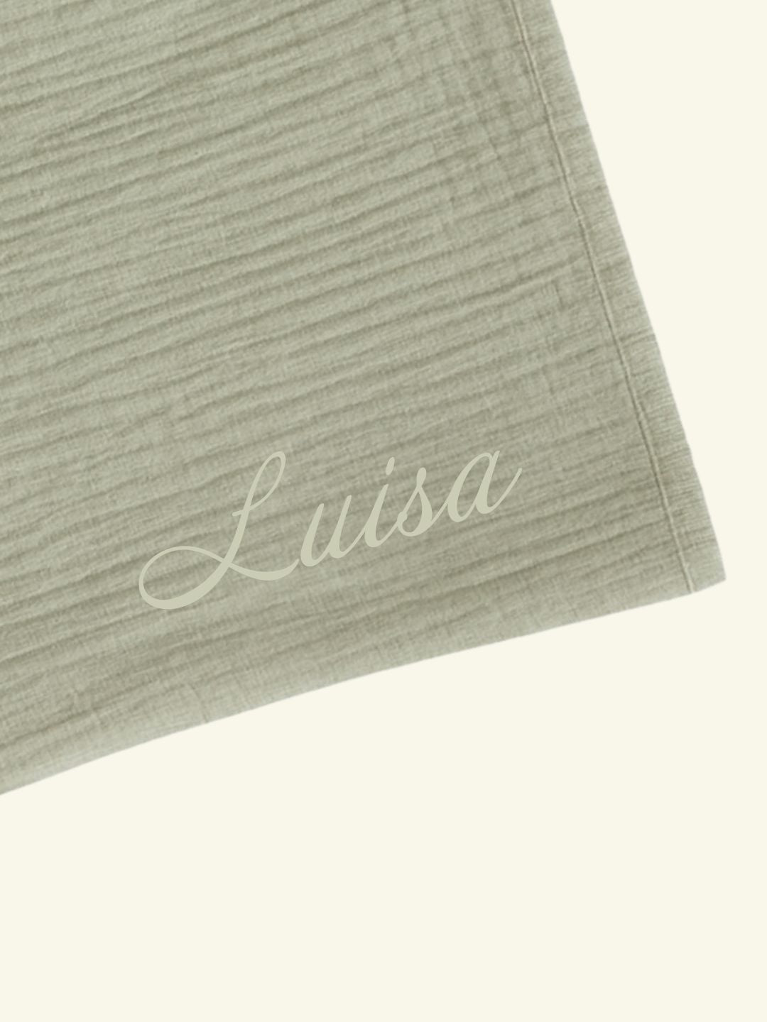 Personalize Babyluv Studio muslin baby blanket, nimeline musliinist beebitekk, pesonaliseeritud musliintekk, tikitud nimega beebitekk, matcha-sage
