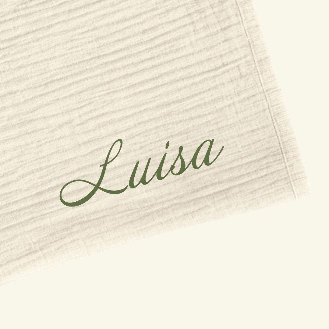 Personalize Babyluv Studio muslin baby blanket, nimeline musliinist beebitekk, pesonaliseeritud musliintekk, tikitud nimega beebitekk, buttermilk-dark green