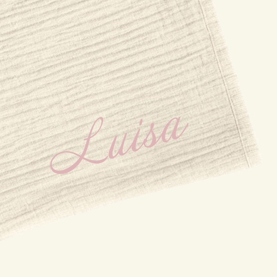 Personalize Babyluv Studio muslin baby blanket, nimeline musliinist beebitekk, pesonaliseeritud musliintekk, tikitud nimega beebitekk, buttermilk-light pink