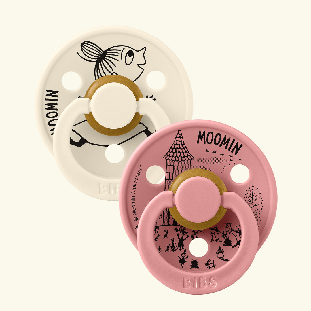 BIBS x MOOMIN Colour Round Pacifiers, BIBS X MUUMI kirsikujulised ümmarguse otsaga lutid naturaalne kumm, Muumi kollektsioon, little my dusty pink ivory