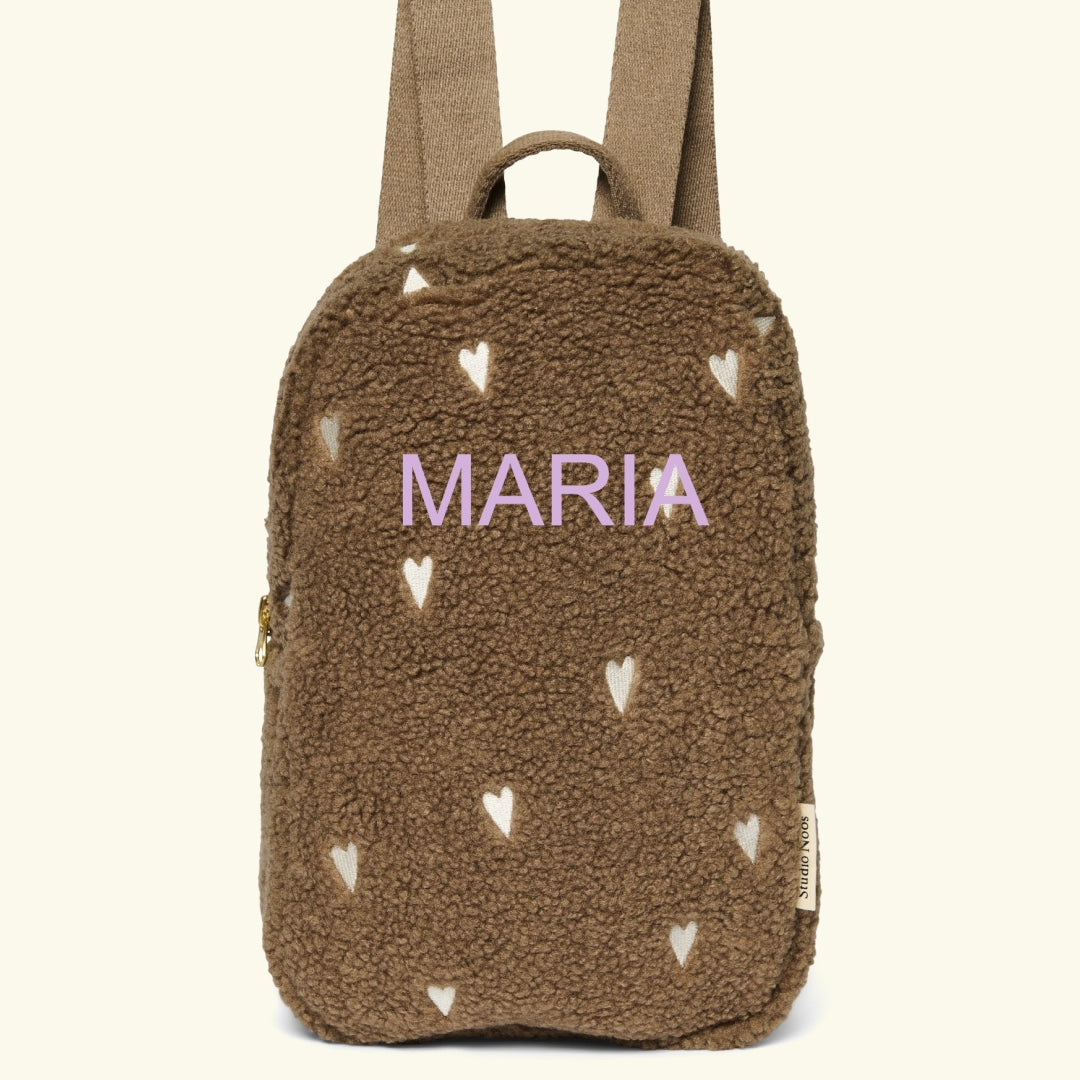 Studio Noos personalized backpack brown hearts, Studio Noos nimeline seljakott tikitud nimega Brown südametega