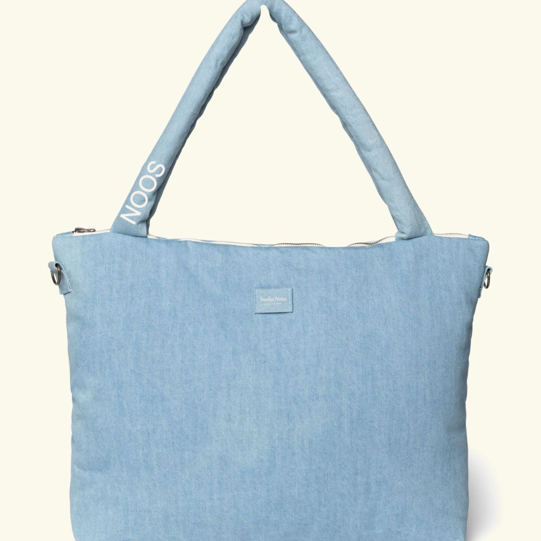Studio Noos personalized diaper bag denim, personaliseeritud mähkmekott Denim, off-white