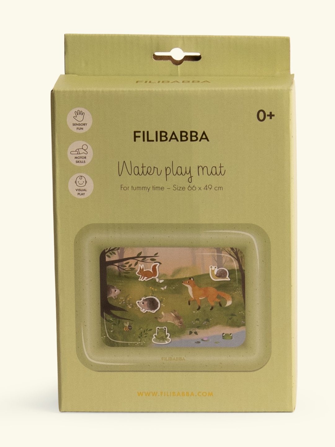 Filibabba water mat for tummy time forest friends, Filibabba veega matt kõhutamiseks, beebi kõhutamise tegelusmatt, metsaloomad