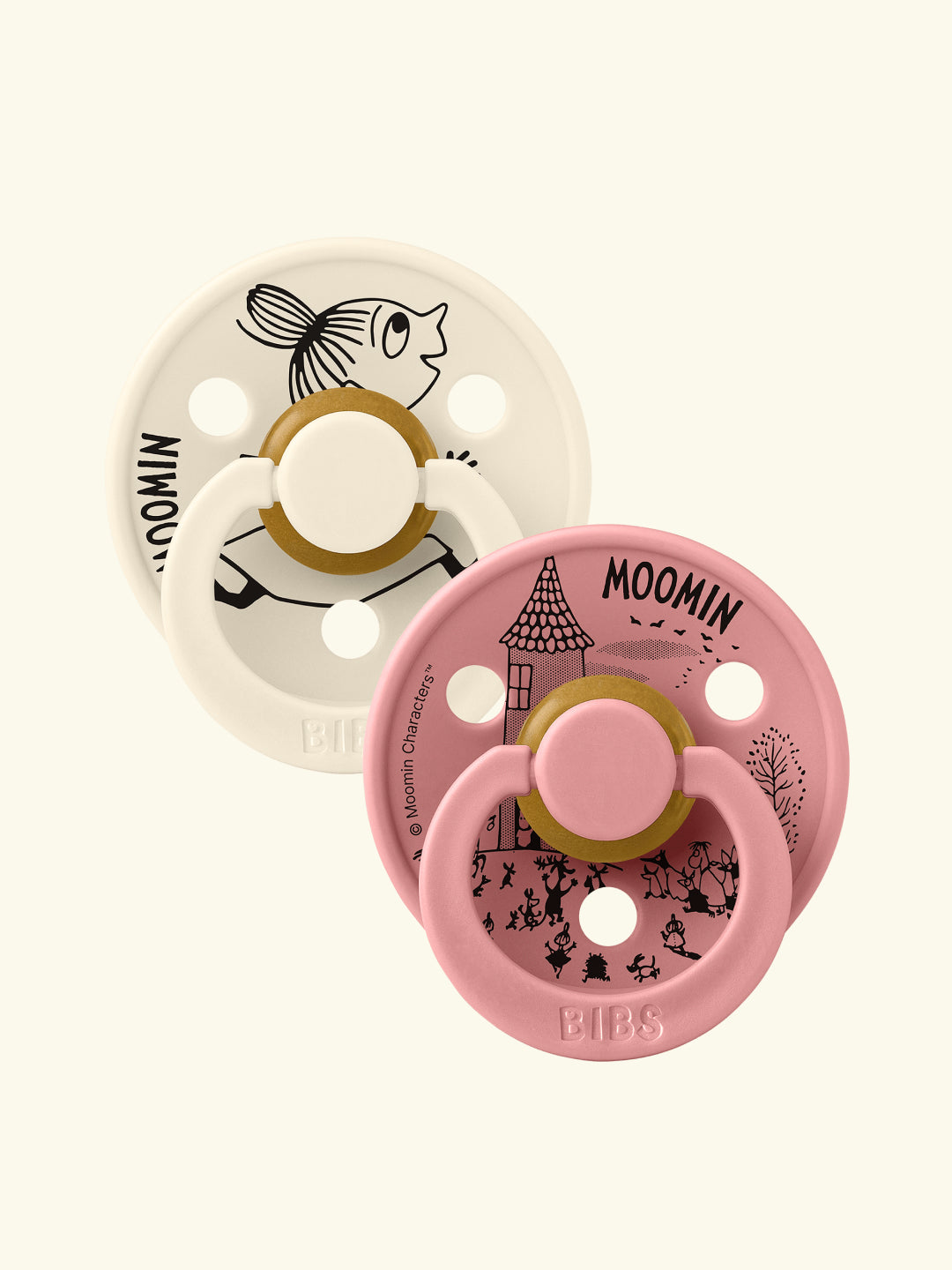 BIBS x MOOMIN Colour Round Pacifiers, BIBS X MUUMI kirsikujulised ümmarguse otsaga lutid naturaalne kumm, Muumi kollektsioon, little my dusty pink ivory
